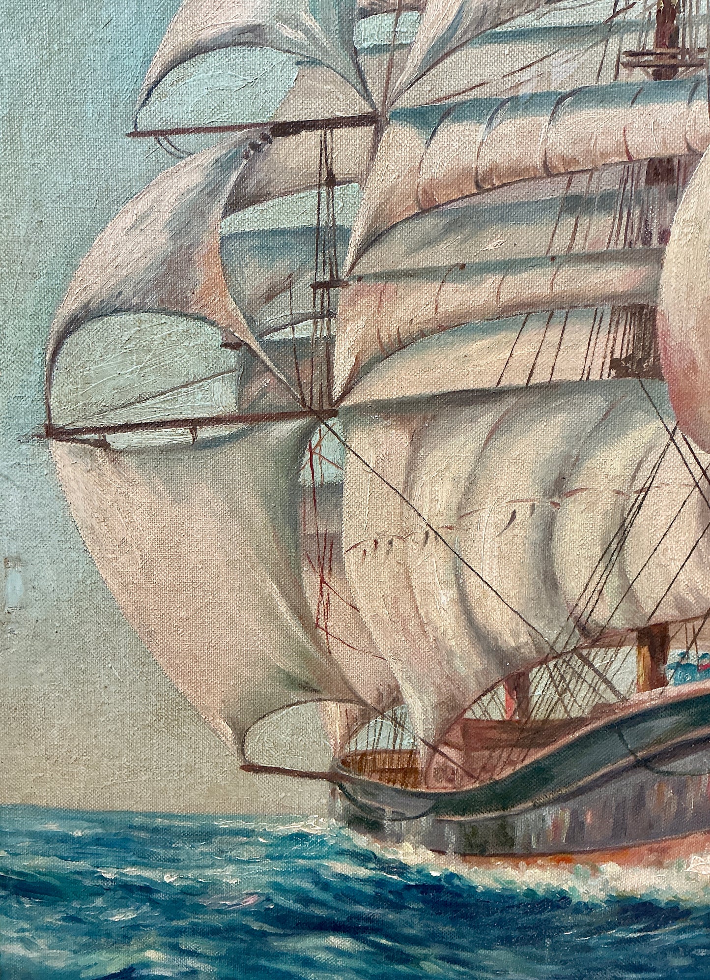 Vintage Sailboat Sail Ship Portrait in Seascape Oil Painting in Gold Frame
