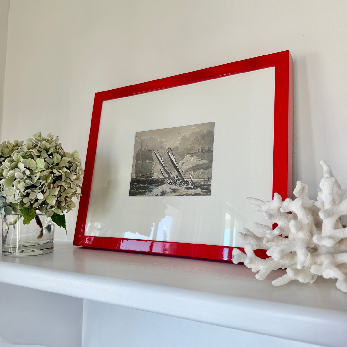 1872 Rough Seas Ships in Seascape Tonal Watercolor Painting in Red Lacquered Frame