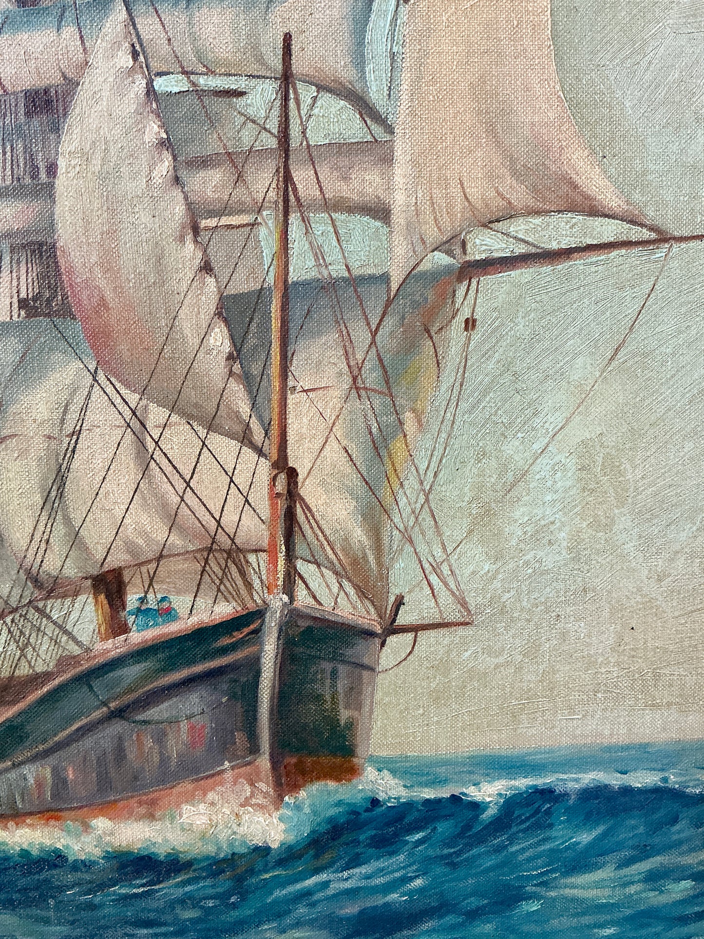 Vintage Sailboat Sail Ship Portrait in Seascape Oil Painting in Gold Frame