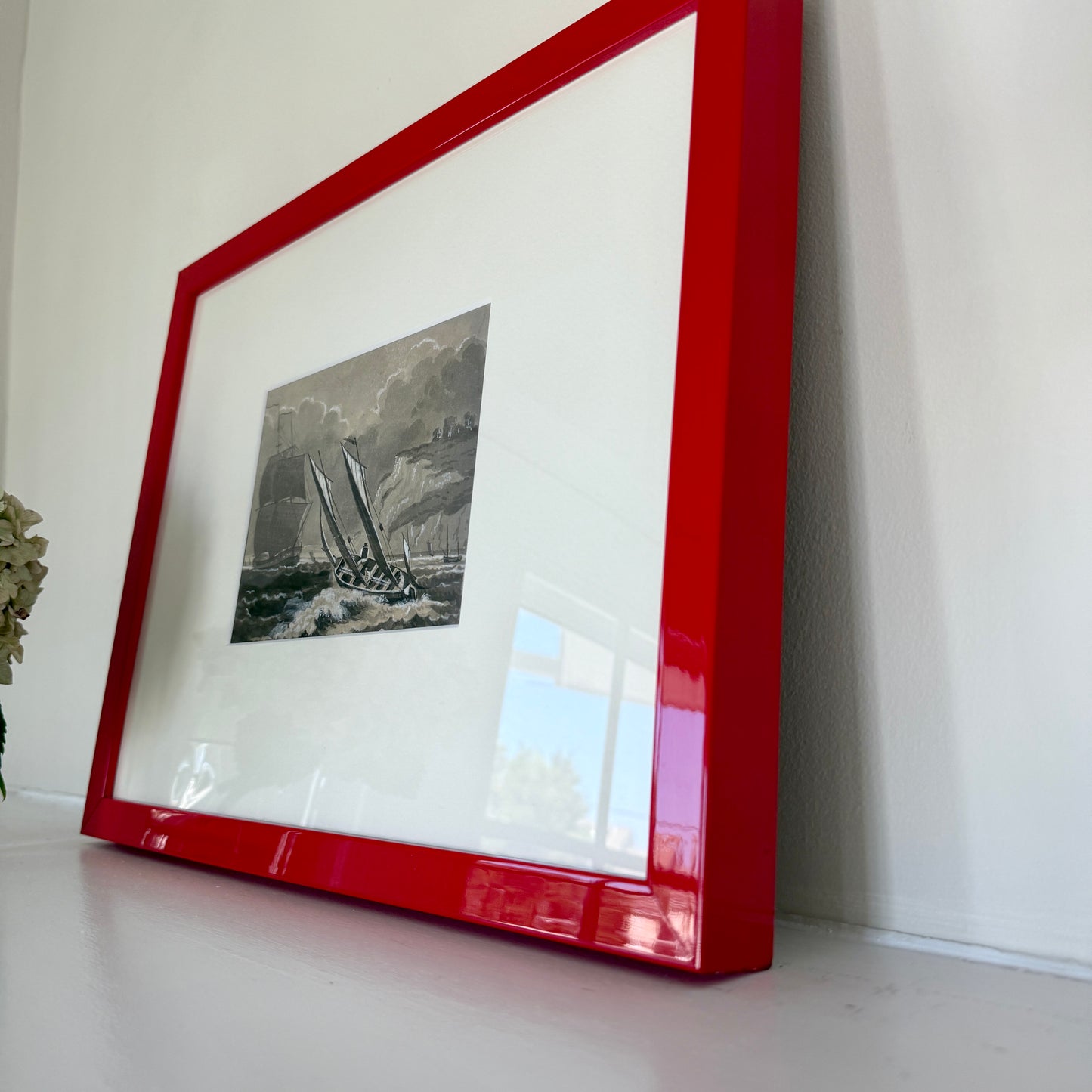 1872 Rough Seas Ships in Seascape Tonal Watercolor Painting in Red Lacquered Frame