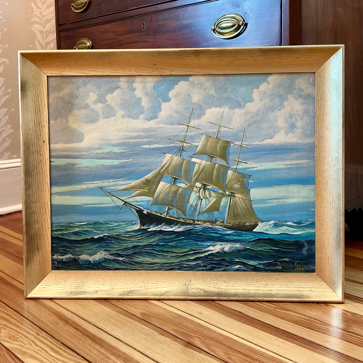1950 Vintage Sailboat Sail Ship Portrait in Seascape Oil Painting in Gold Frame