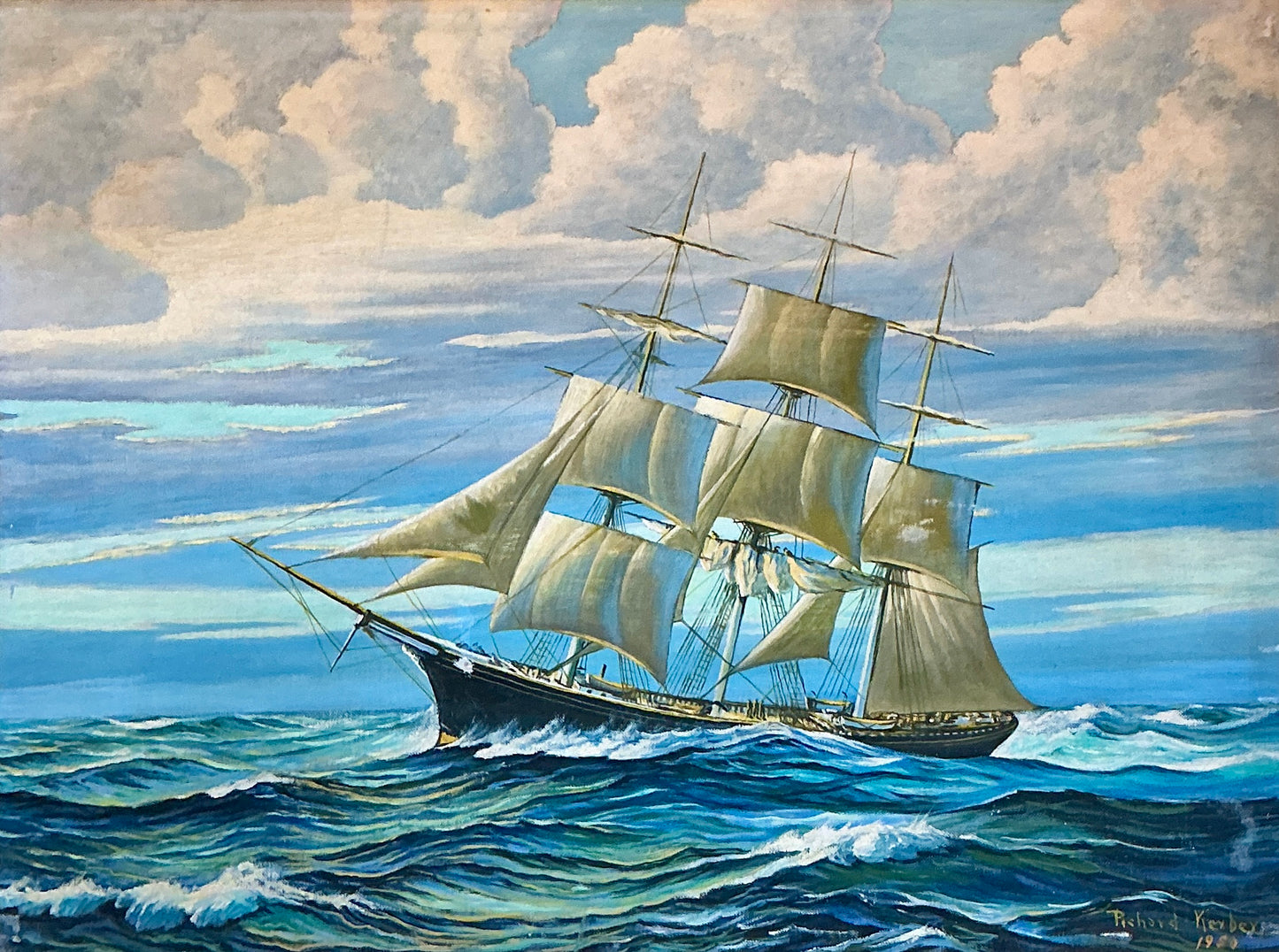 1950 Vintage Sailboat Sail Ship Portrait in Seascape Oil Painting in Gold Frame
