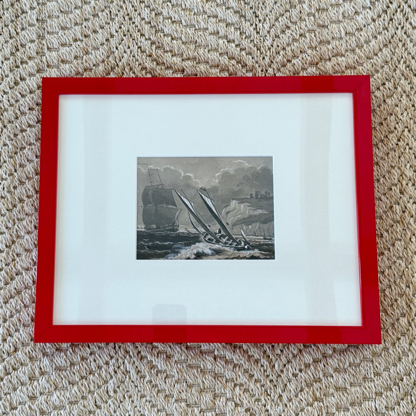 1872 Rough Seas Ships in Seascape Tonal Watercolor Painting in Red Lacquered Frame