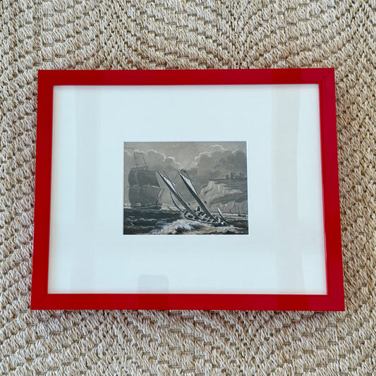 1872 Rough Seas Ships in Seascape Tonal Watercolor Painting in Red Lacquered Frame