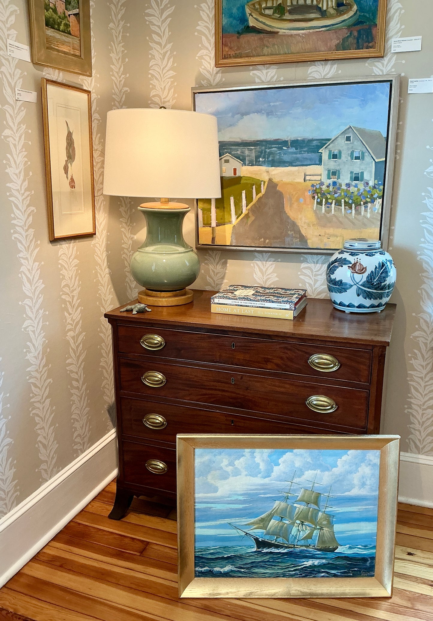 1950 Vintage Sailboat Sail Ship Portrait in Seascape Oil Painting in Gold Frame
