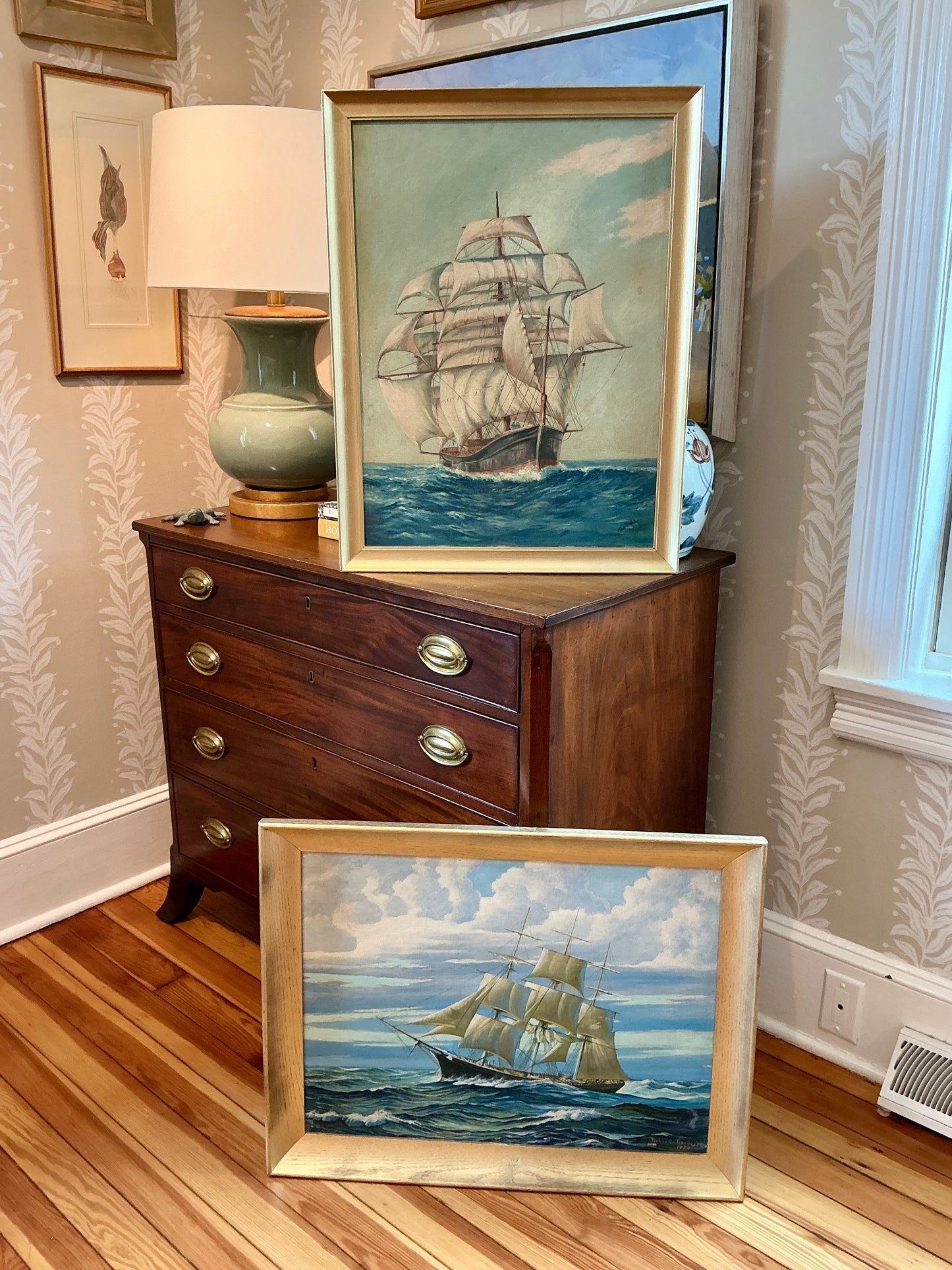 1950 Vintage Sailboat Sail Ship Portrait in Seascape Oil Painting in Gold Frame