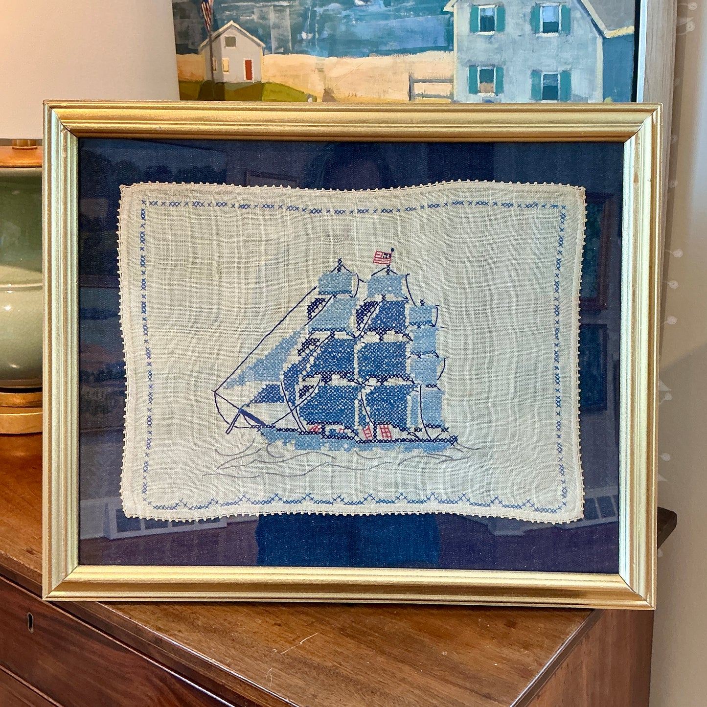 Vintage Sailboat with American Flag Linen Embroidery on on Dark Chambray in Gold Frame