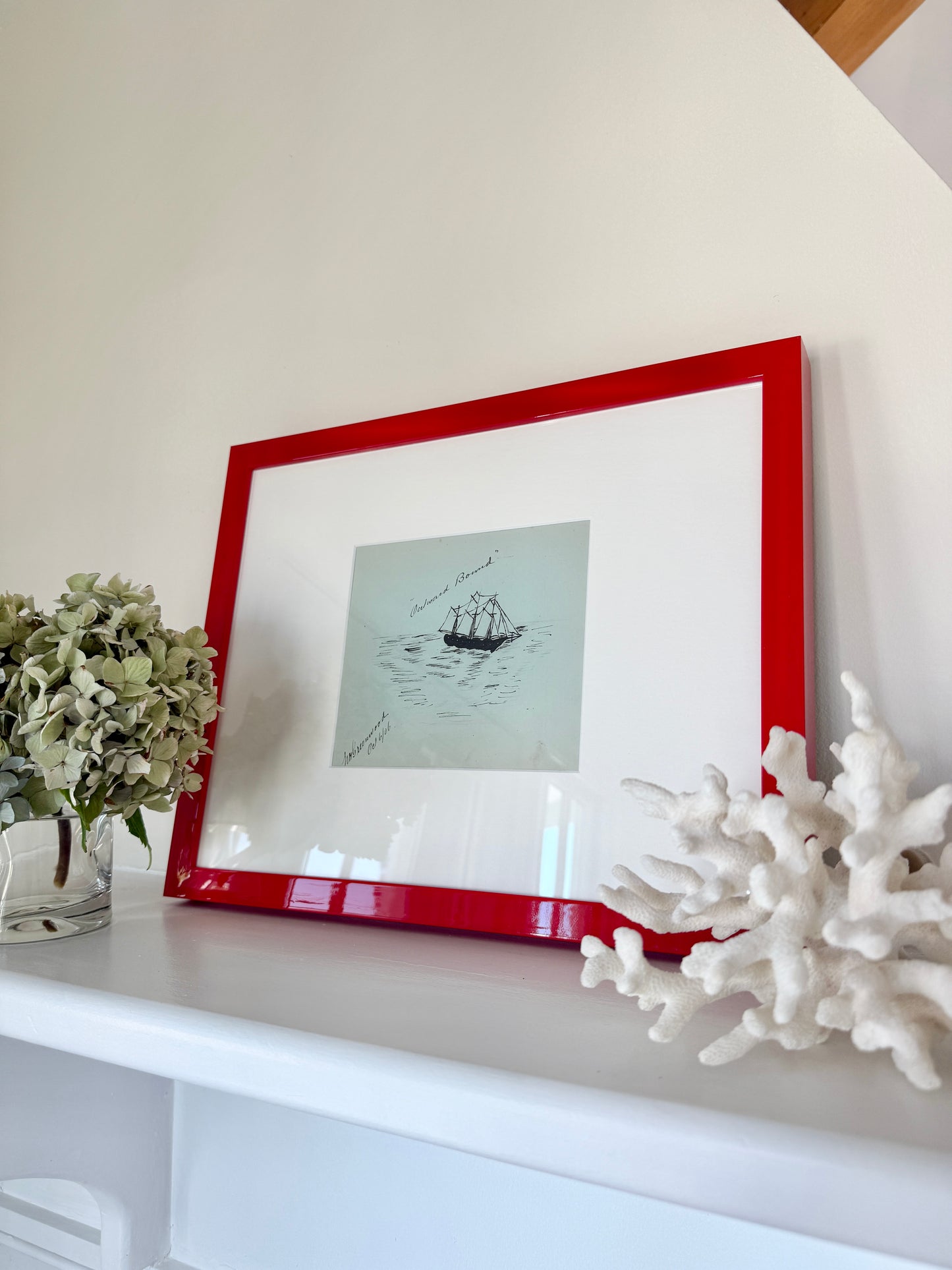 1906 Outward Bound Antique Ship Portrait Drawing in Red Lacquered Frame