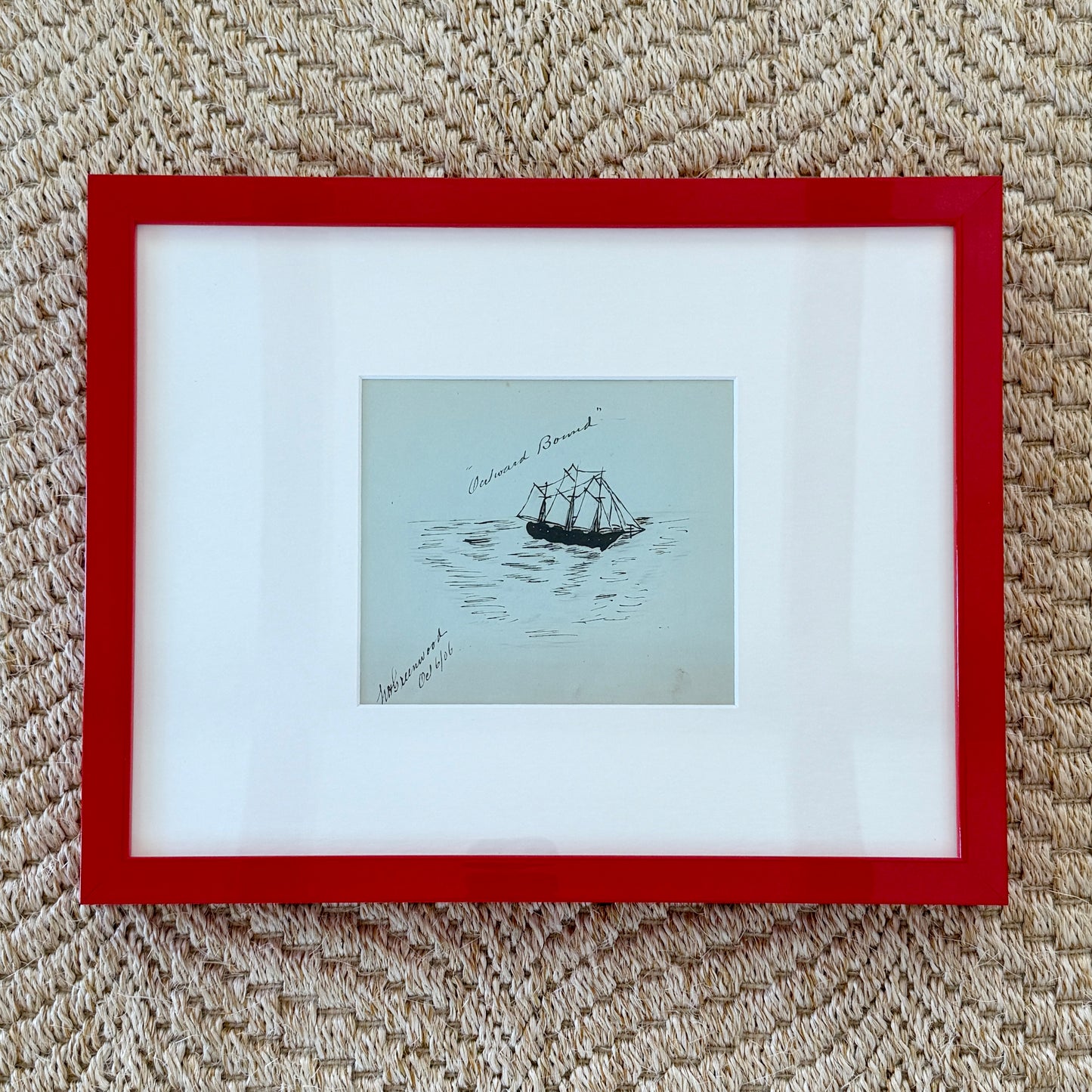 1906 Outward Bound Antique Ship Portrait Drawing in Red Lacquered Frame