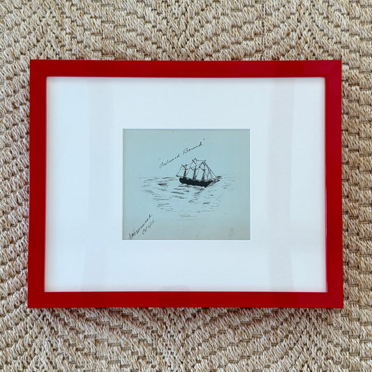 1906 Outward Bound Antique Ship Portrait Drawing in Red Lacquered Frame