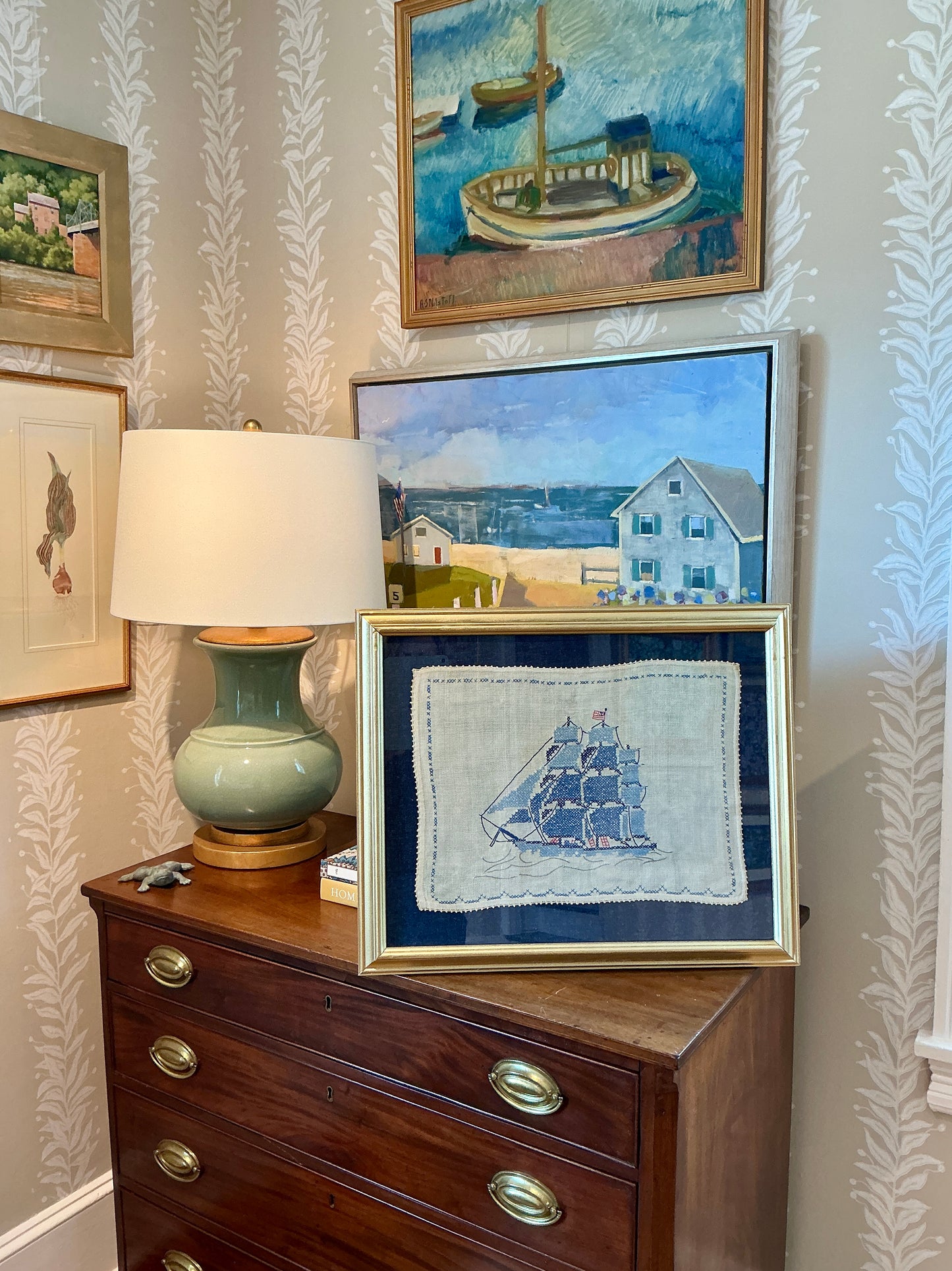 Vintage Sailboat with American Flag Linen Embroidery on on Dark Chambray in Gold Frame