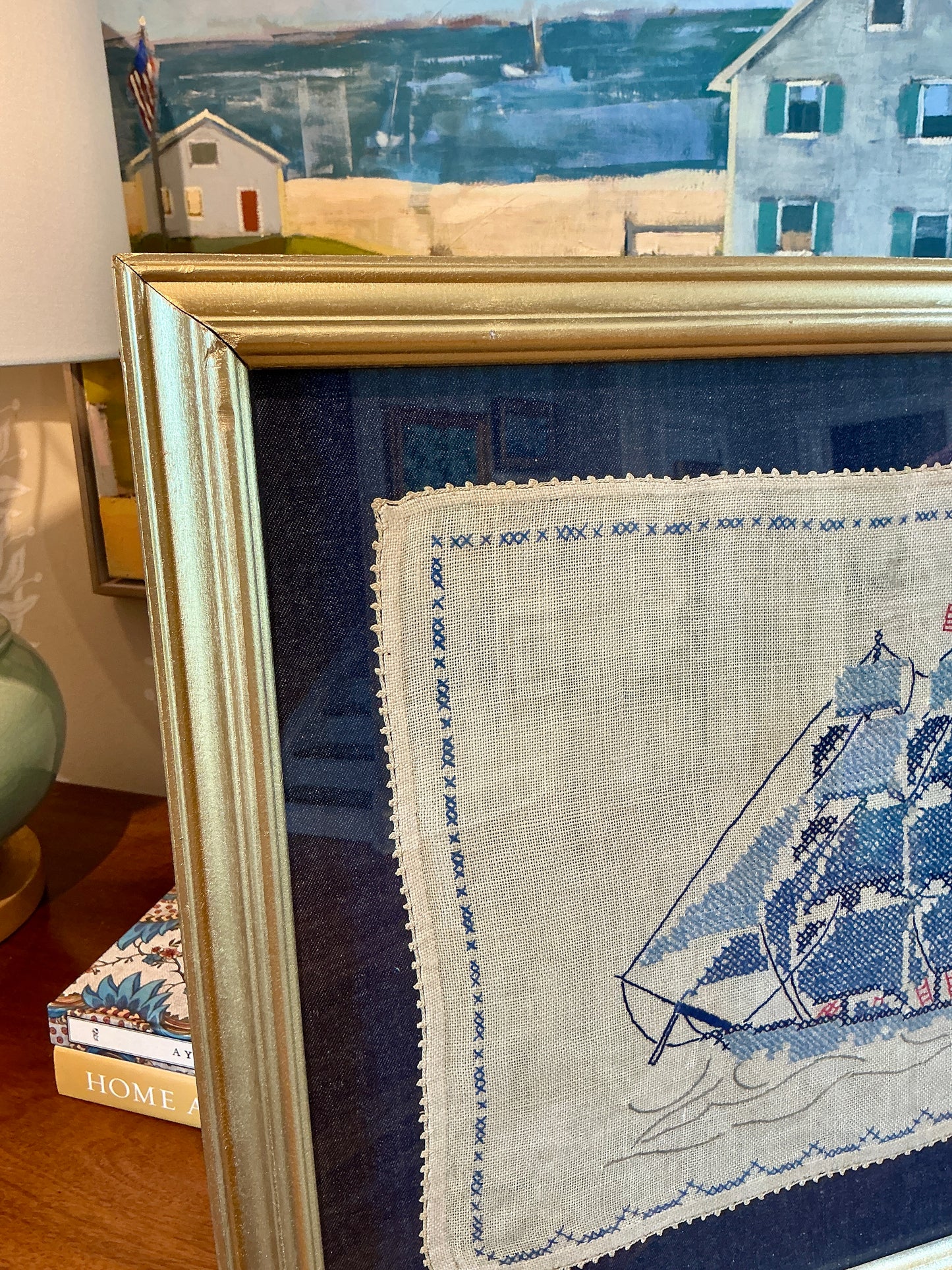 Vintage Sailboat with American Flag Linen Embroidery on on Dark Chambray in Gold Frame