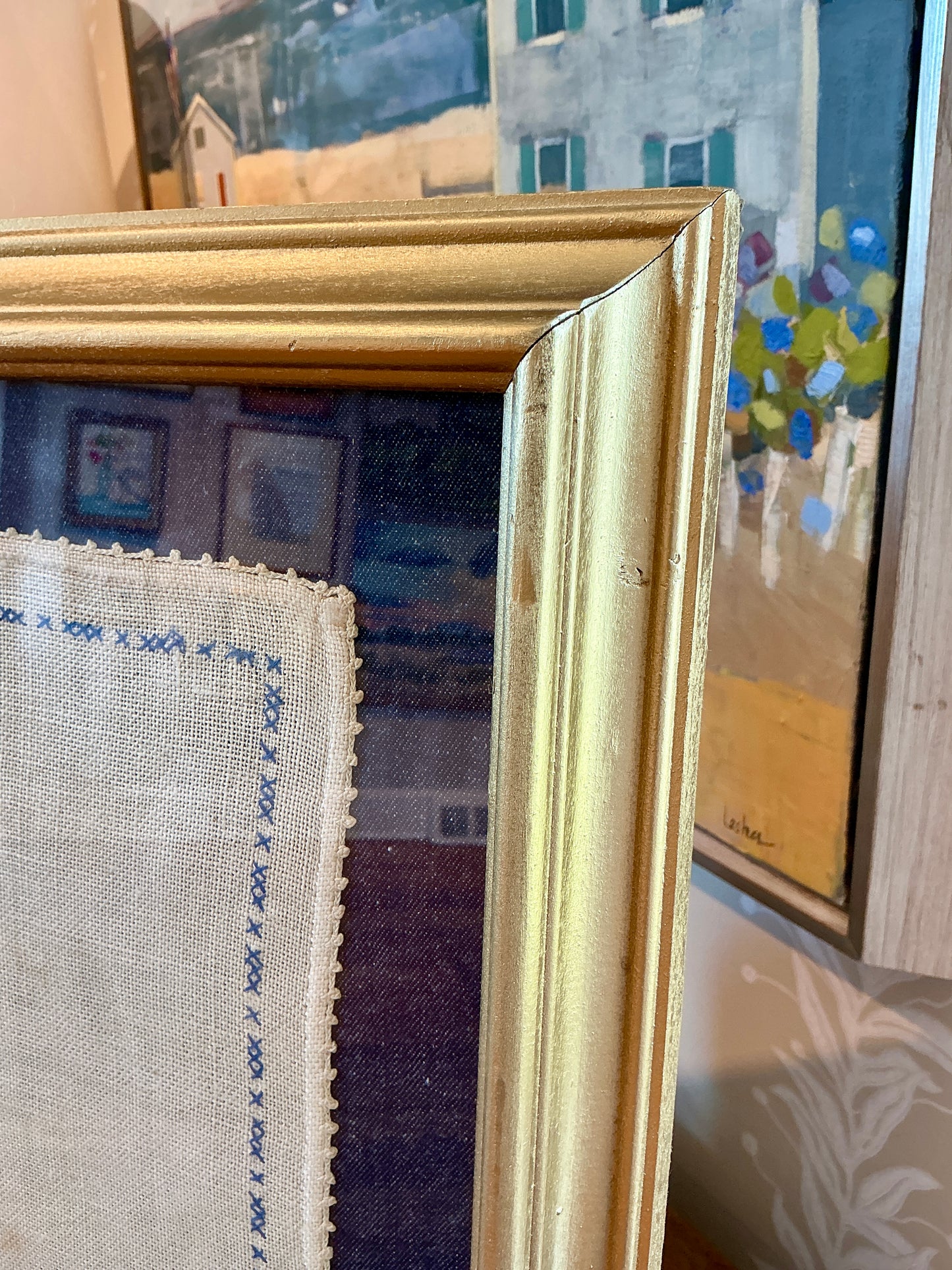 Vintage Sailboat with American Flag Linen Embroidery on on Dark Chambray in Gold Frame