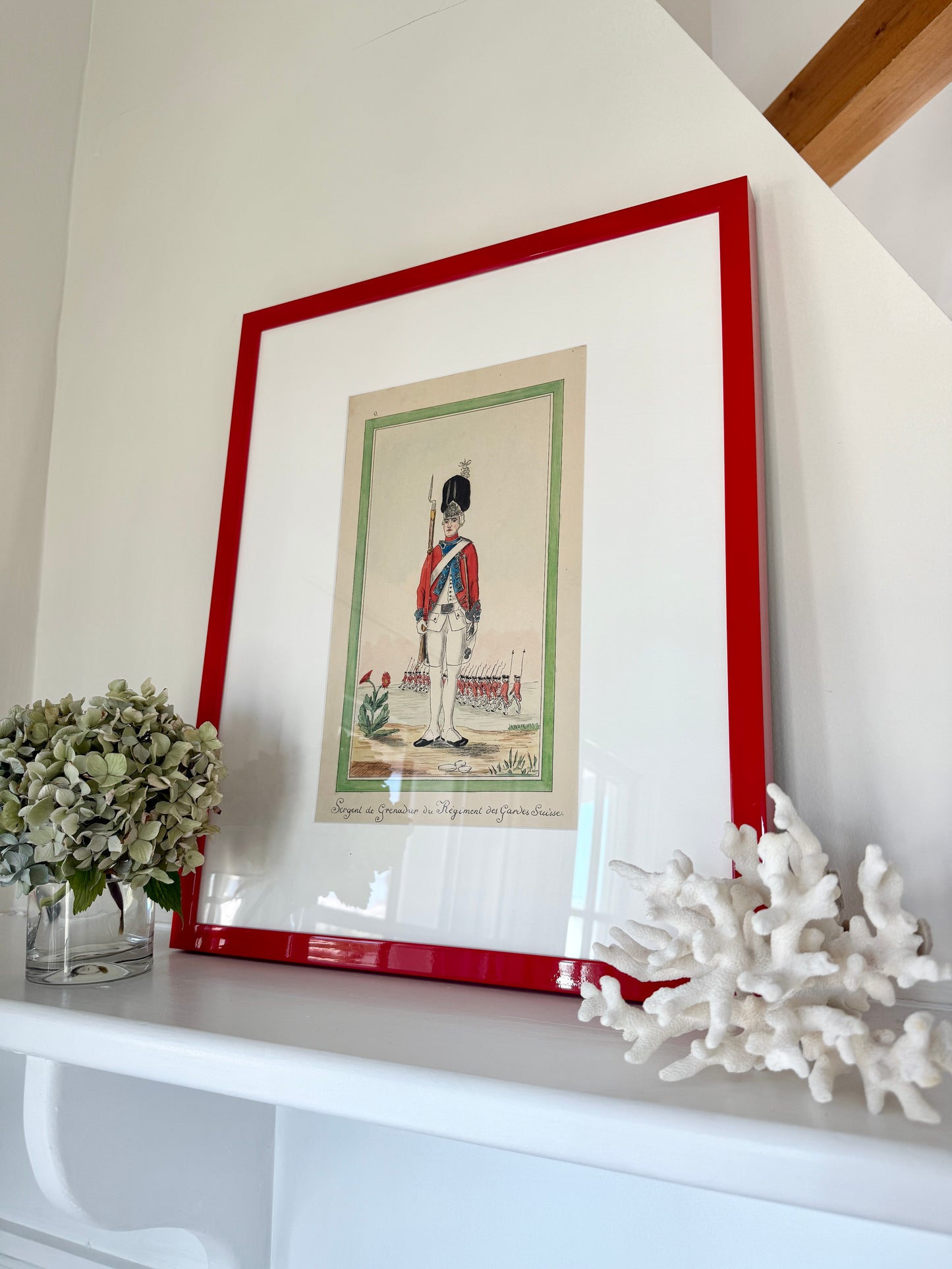 Antique Portrait of a Swiss Soldier Watercolor Painting in Red Lacquer Frame