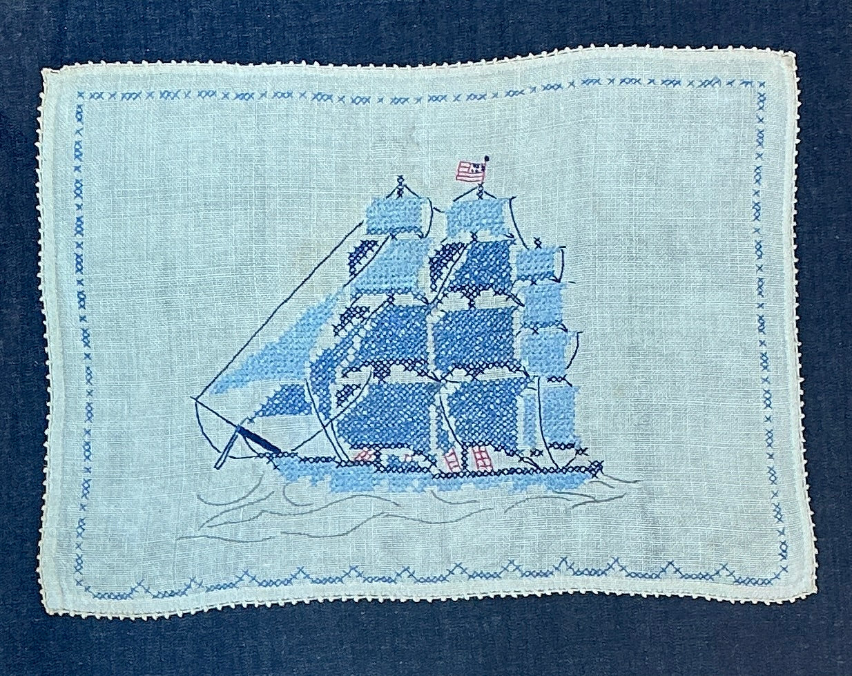 Vintage Sailboat with American Flag Linen Embroidery on on Dark Chambray in Gold Frame