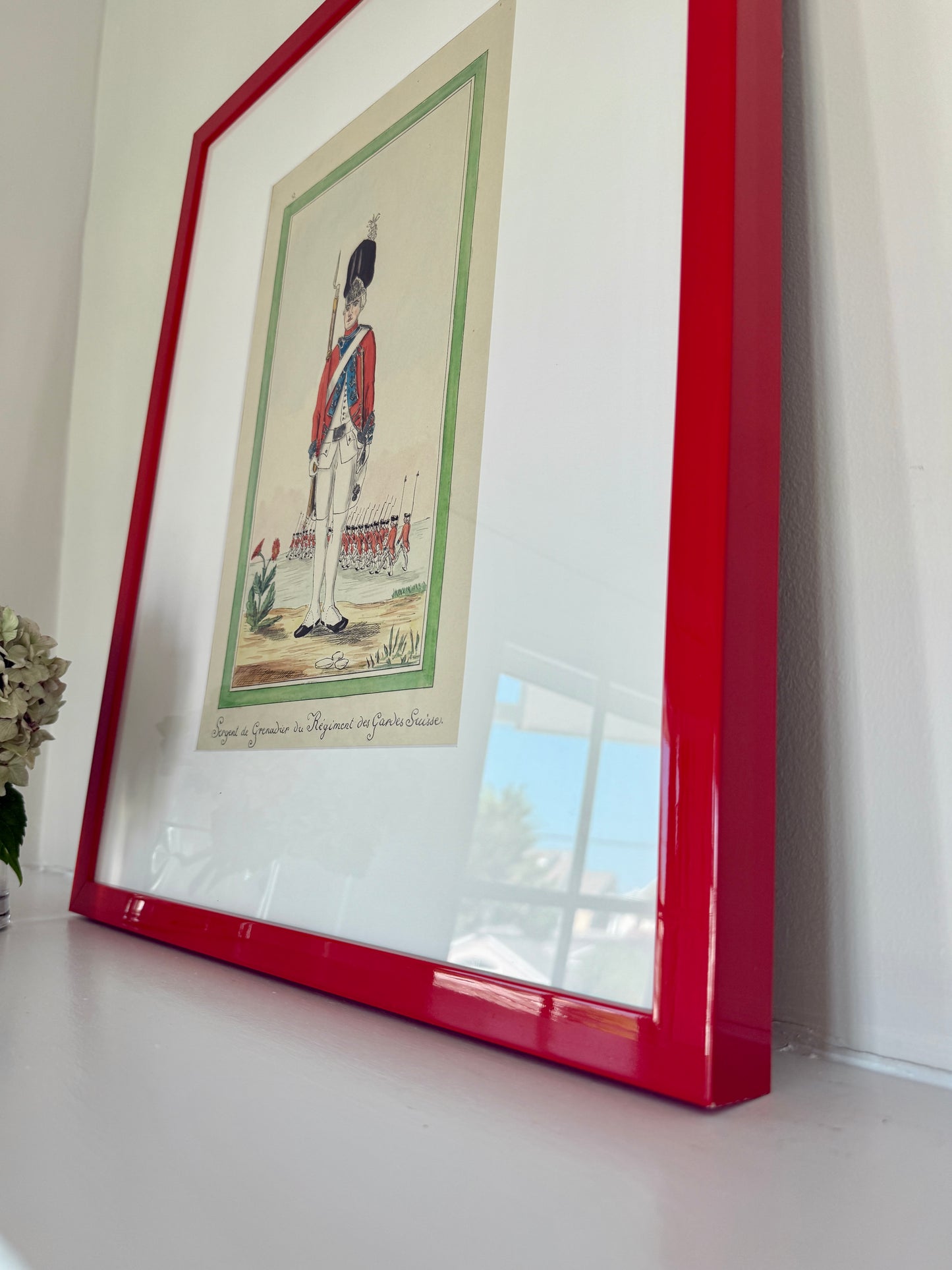 Antique Portrait of a Swiss Soldier Watercolor Painting in Red Lacquer Frame