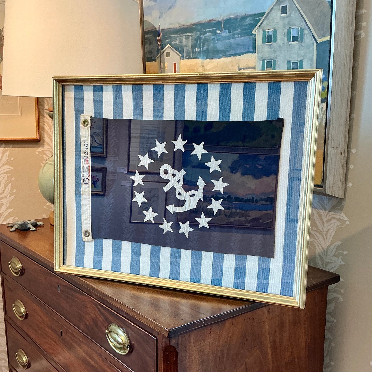 Vintage Cotton Canvas United States Yacht Club Commodore Nautical Yachting Flag with Anchor on Blue Stripes in Gold Frame