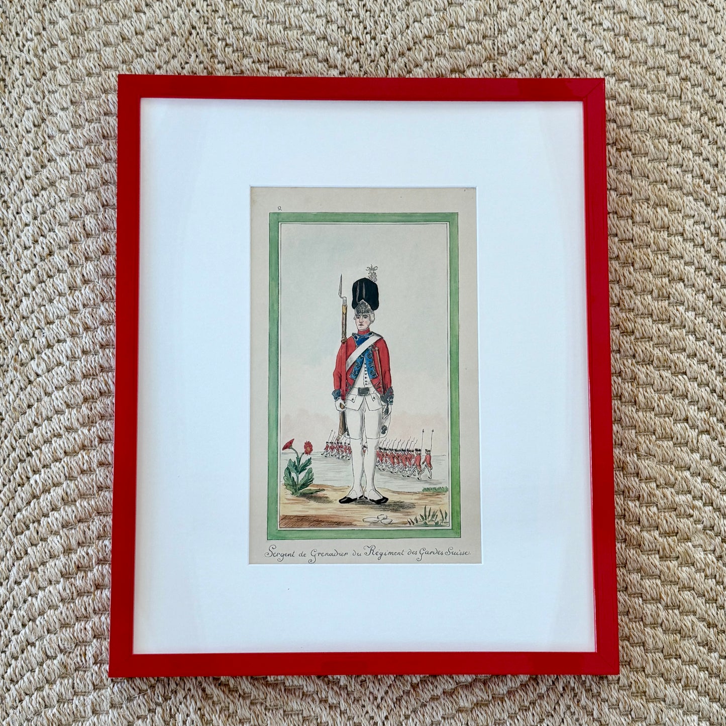Antique Portrait of a Swiss Soldier Watercolor Painting in Red Lacquer Frame