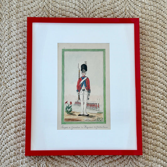 Antique Portrait of a Swiss Soldier Watercolor Painting in Red Lacquer Frame