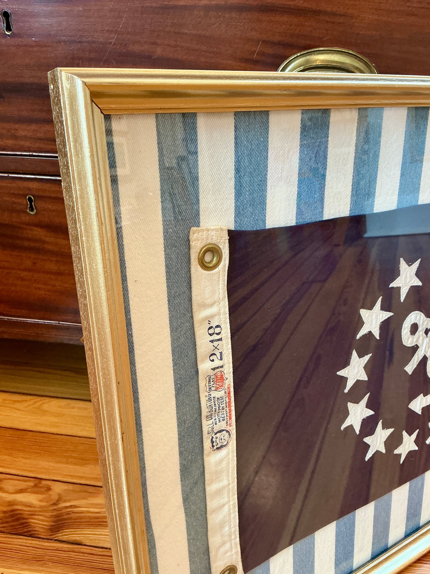 Vintage Cotton Canvas United States Yacht Club Commodore Nautical Yachting Flag with Anchor on Blue Stripes in Gold Frame