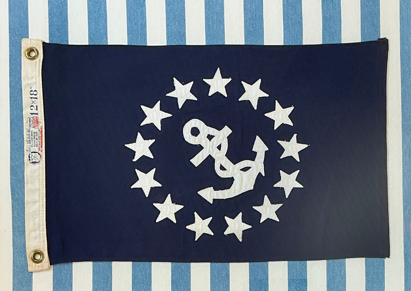 Vintage Cotton Canvas United States Yacht Club Commodore Nautical Yachting Flag with Anchor on Blue Stripes in Gold Frame