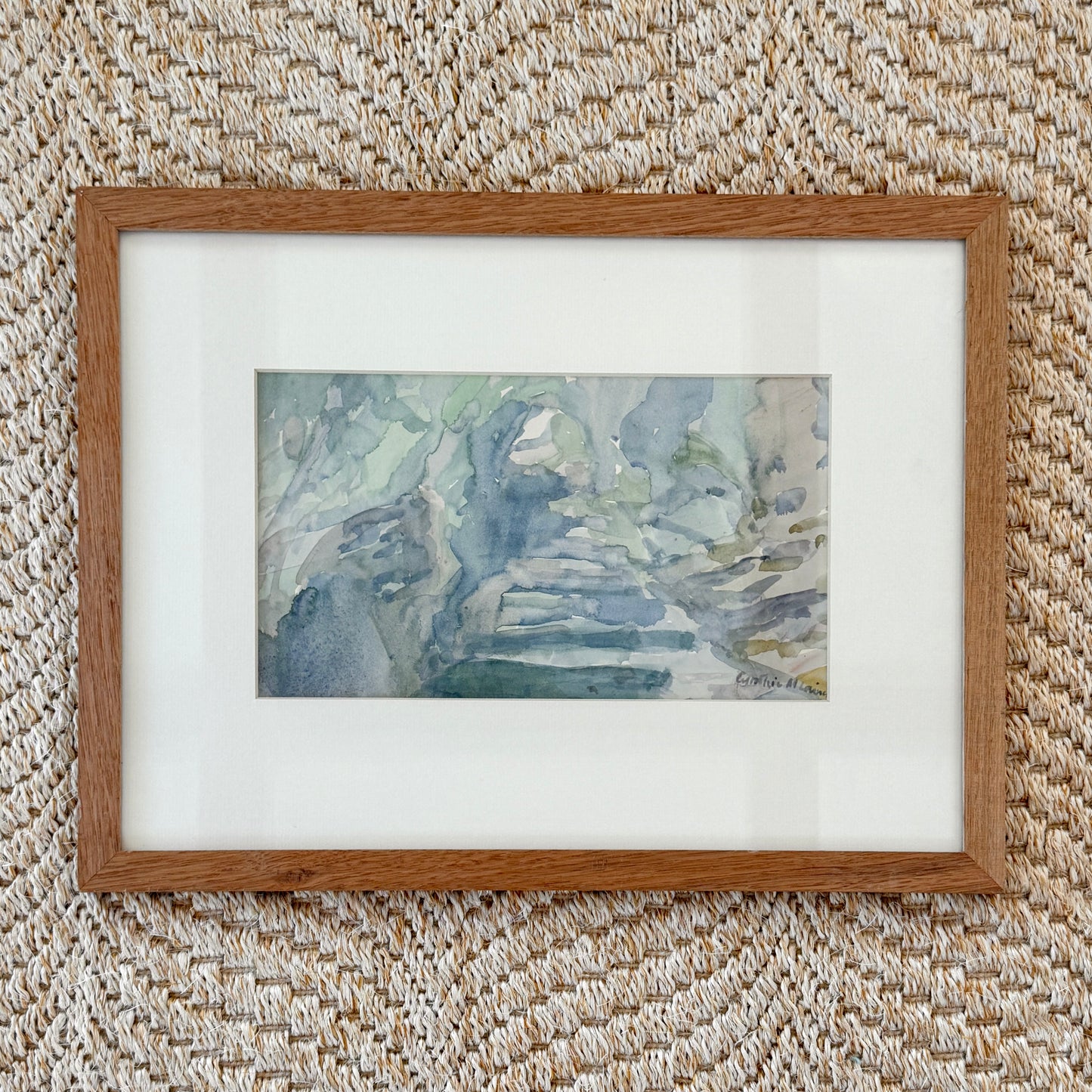 Vintage Semi-Abstract Blue Green Landscapce Watercolor Painting in Wood Frame