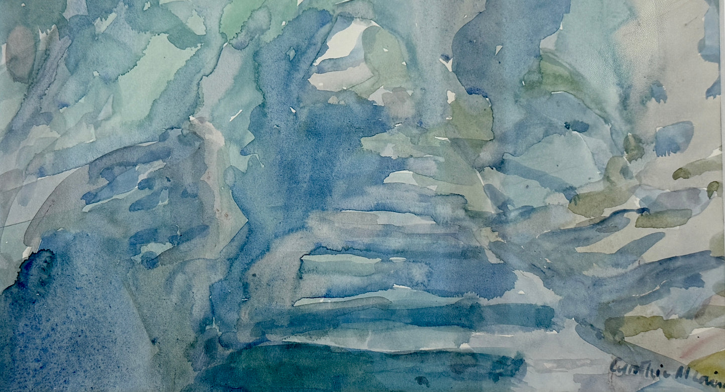 Vintage Semi-Abstract Blue Green Landscapce Watercolor Painting in Wood Frame