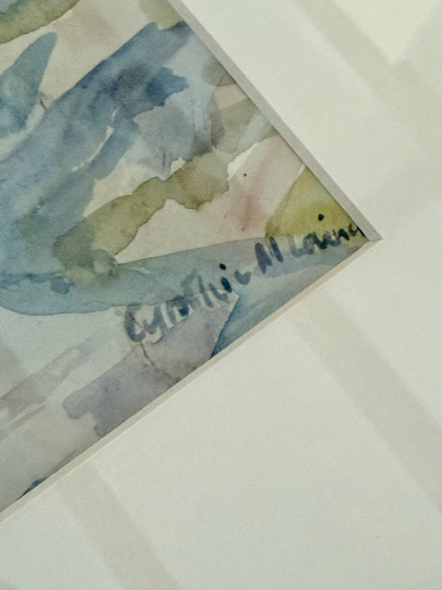 Vintage Semi-Abstract Blue Green Landscapce Watercolor Painting in Wood Frame