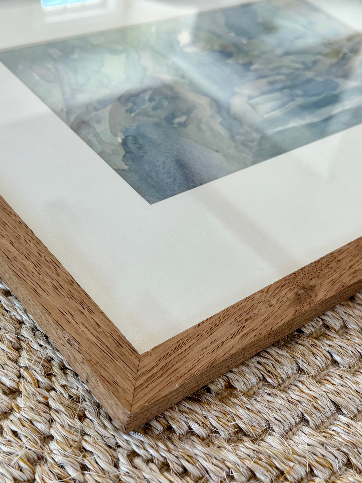 Vintage Semi-Abstract Blue Green Landscapce Watercolor Painting in Wood Frame