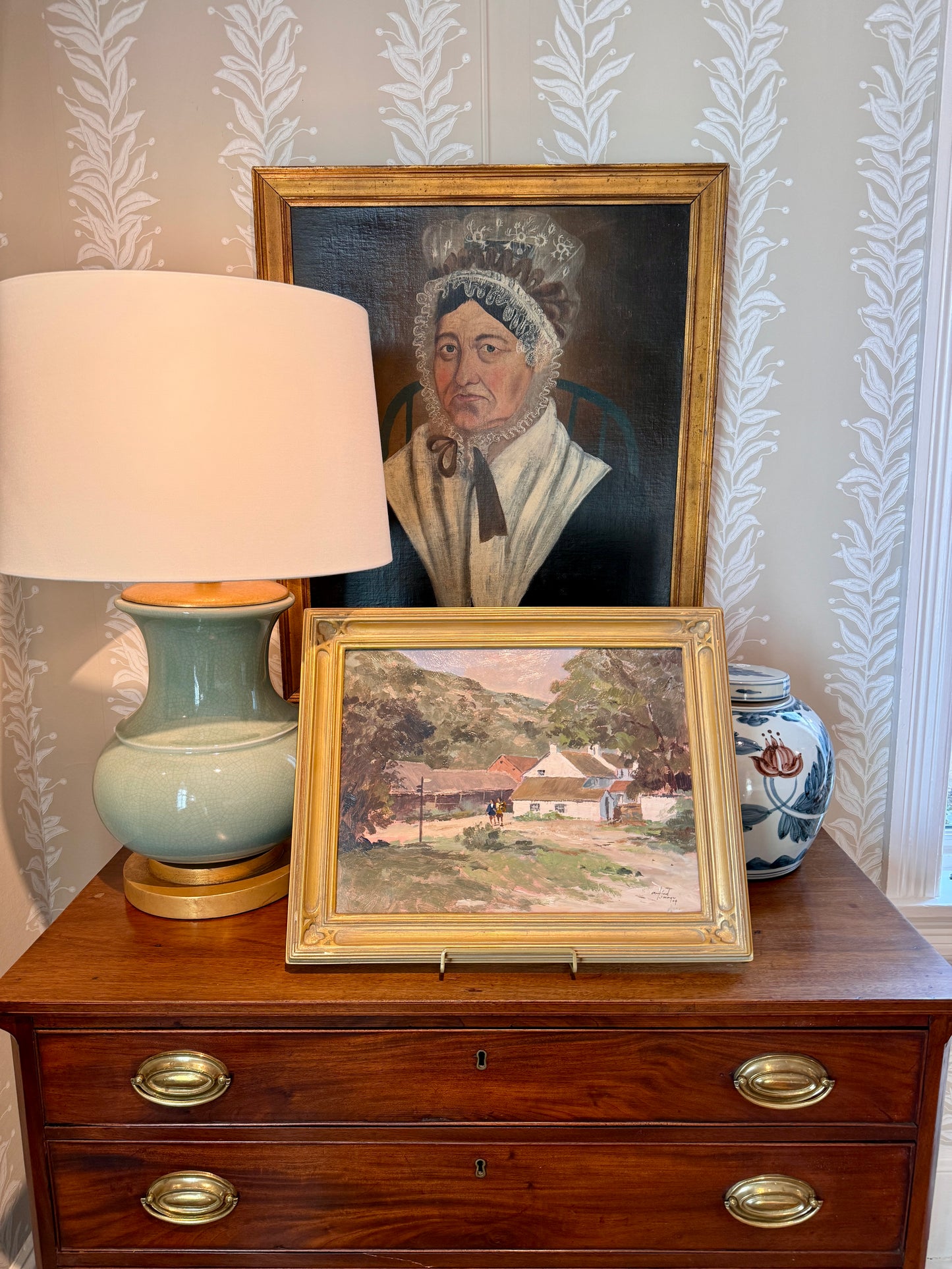 Vinatge Country Ramblers Hillside Landscape Oil Painting on Board in Gold Frame