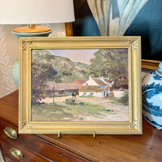 Vinatge Country Ramblers Hillside Landscape Oil Painting on Board in Gold Frame
