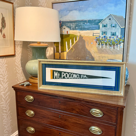 Vintage Mount Pocono Pennant on Ivory Corduroy with Plaid Trim in Gold Frame