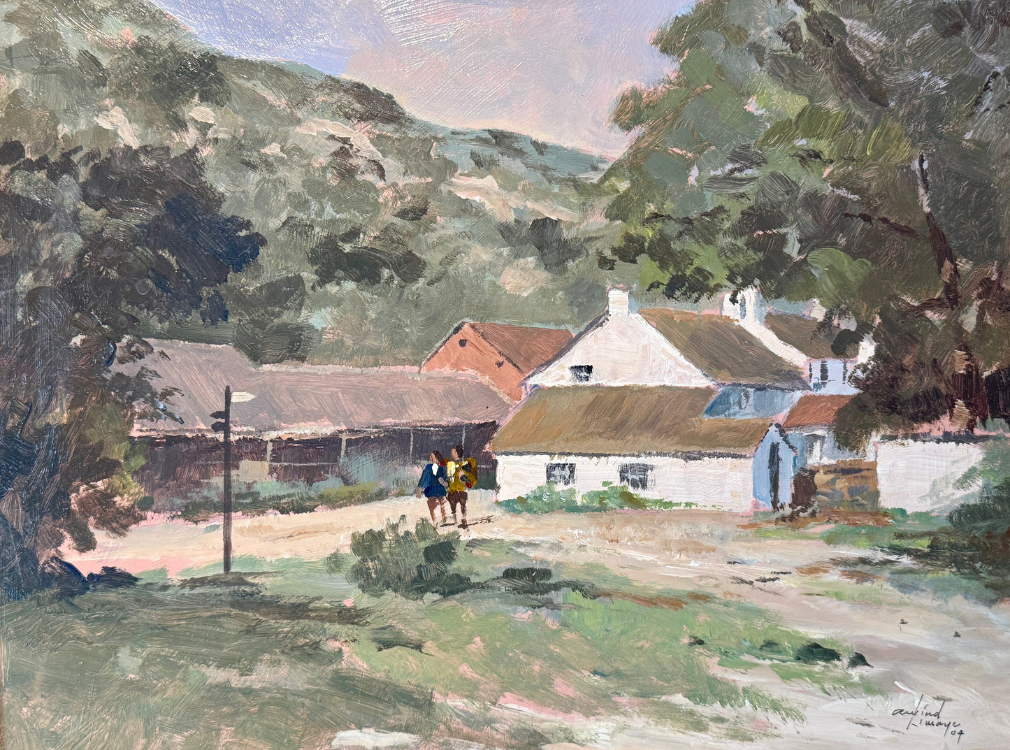 Vinatge Country Ramblers Hillside Landscape Oil Painting on Board in Gold Frame