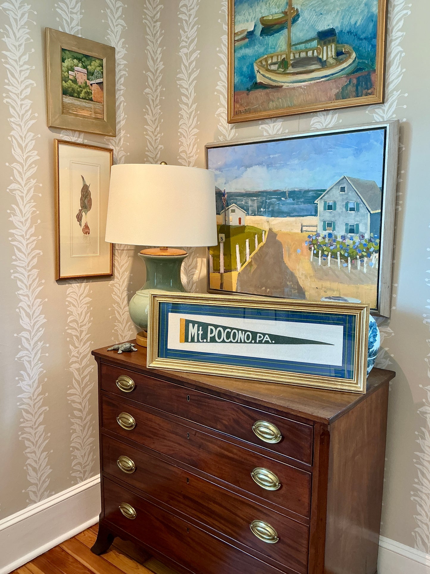 Vintage Mount Pocono Pennant on Ivory Corduroy with Plaid Trim in Gold Frame
