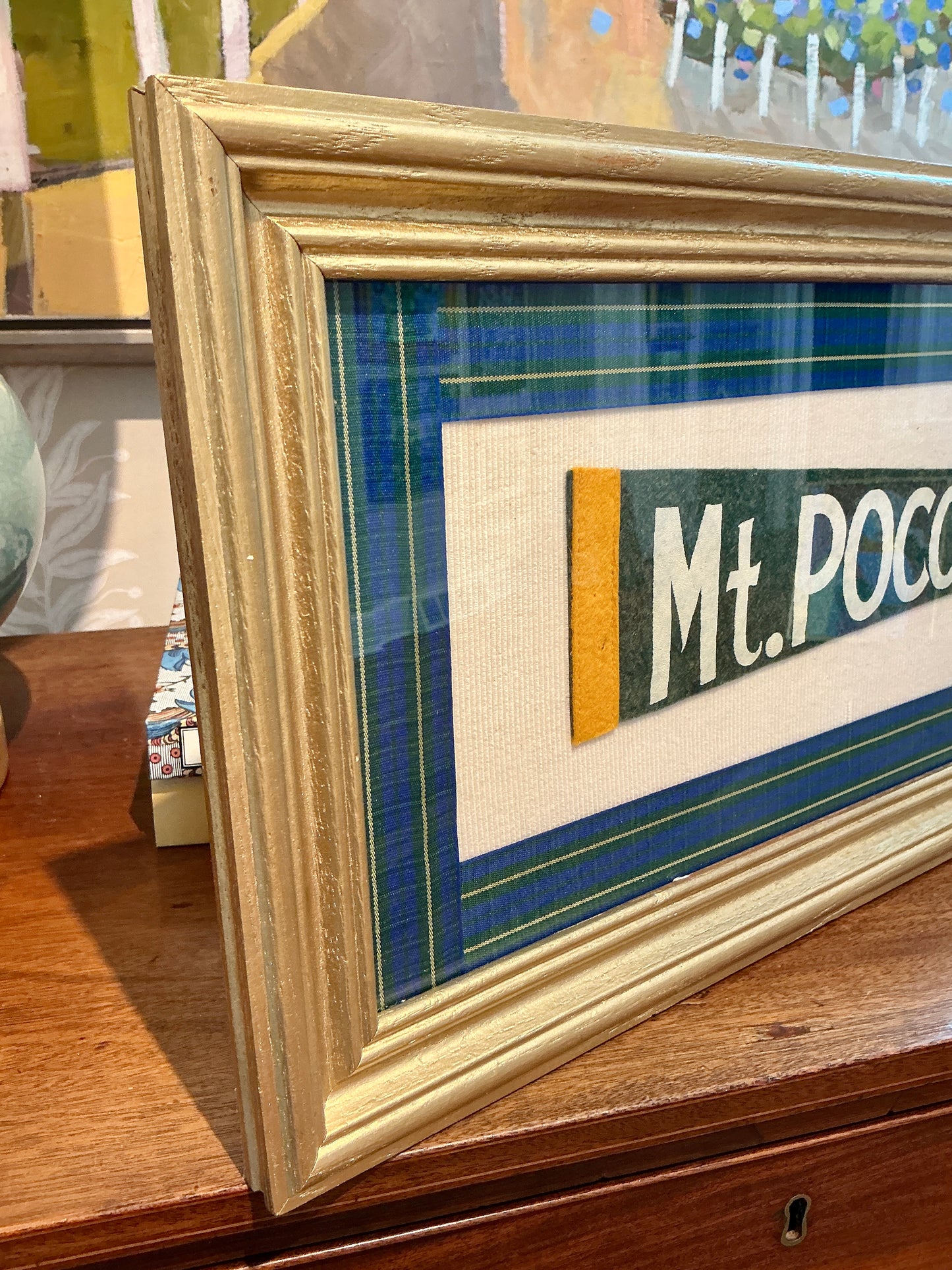 Vintage Mount Pocono Pennant on Ivory Corduroy with Plaid Trim in Gold Frame