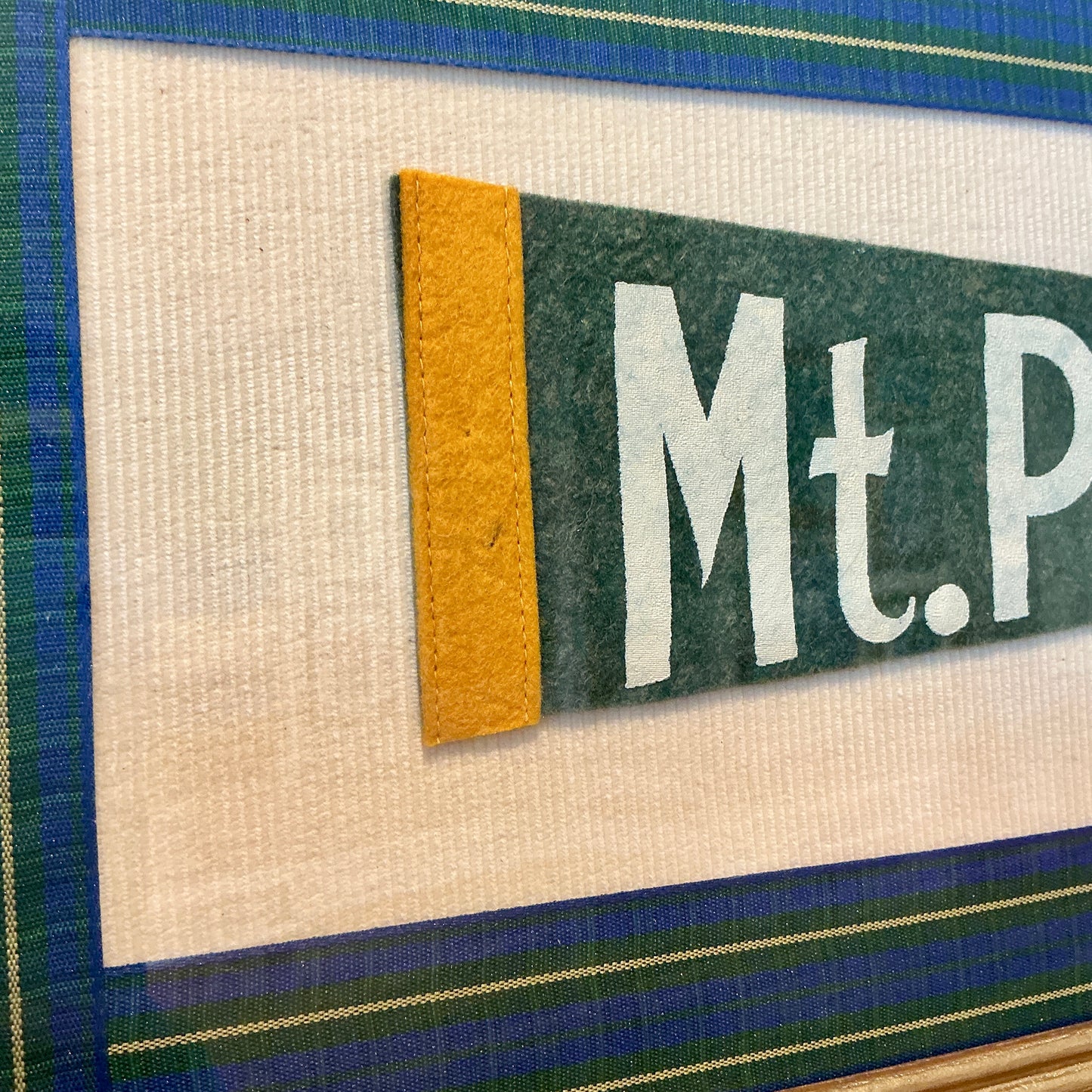 Vintage Mount Pocono Pennant on Ivory Corduroy with Plaid Trim in Gold Frame