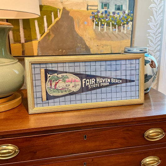 Vintage Fair Haven New Jersey Beach Pennant on Blue Windowpane in Gold Frame
