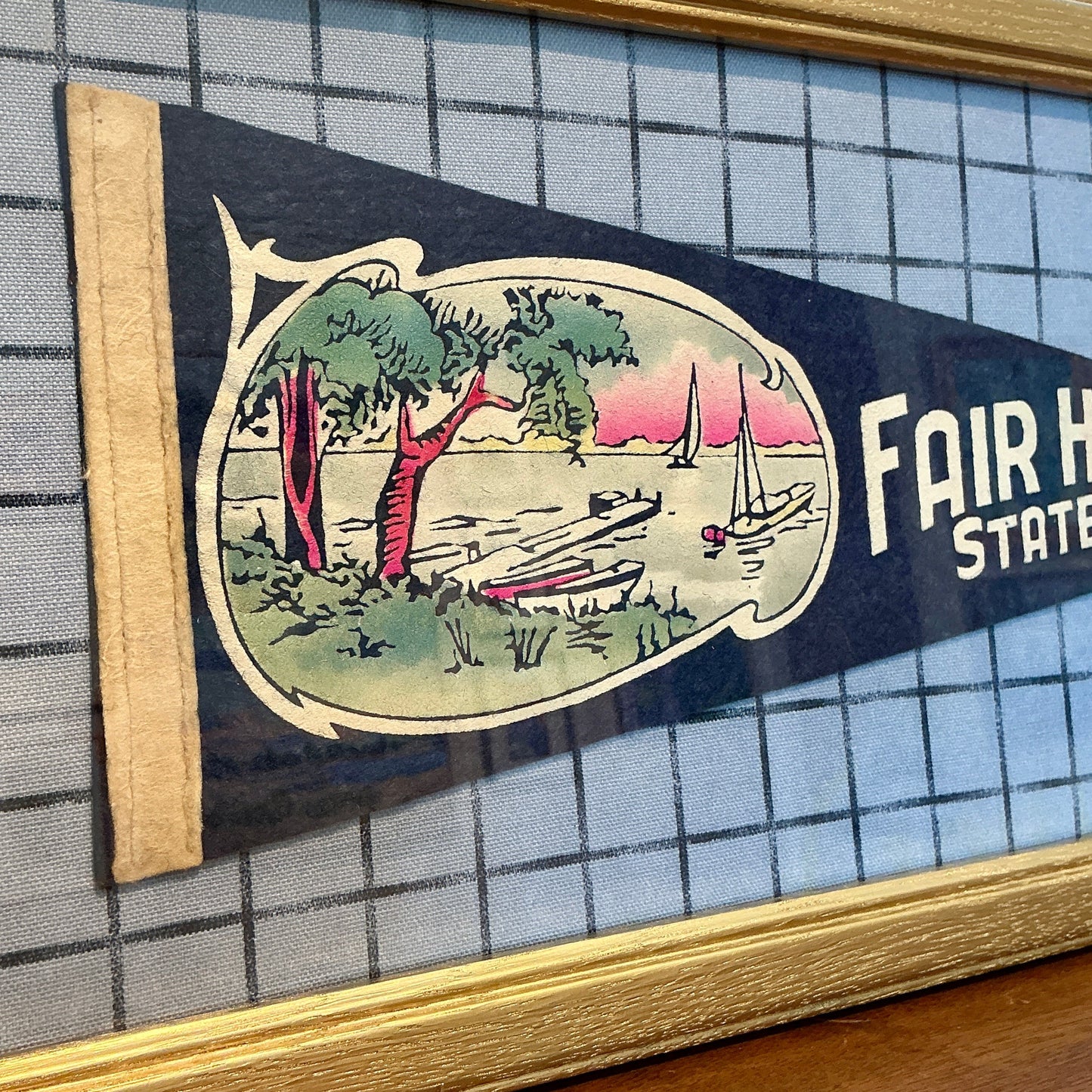 Vintage Fair Haven New Jersey Beach Pennant on Blue Windowpane in Gold Frame