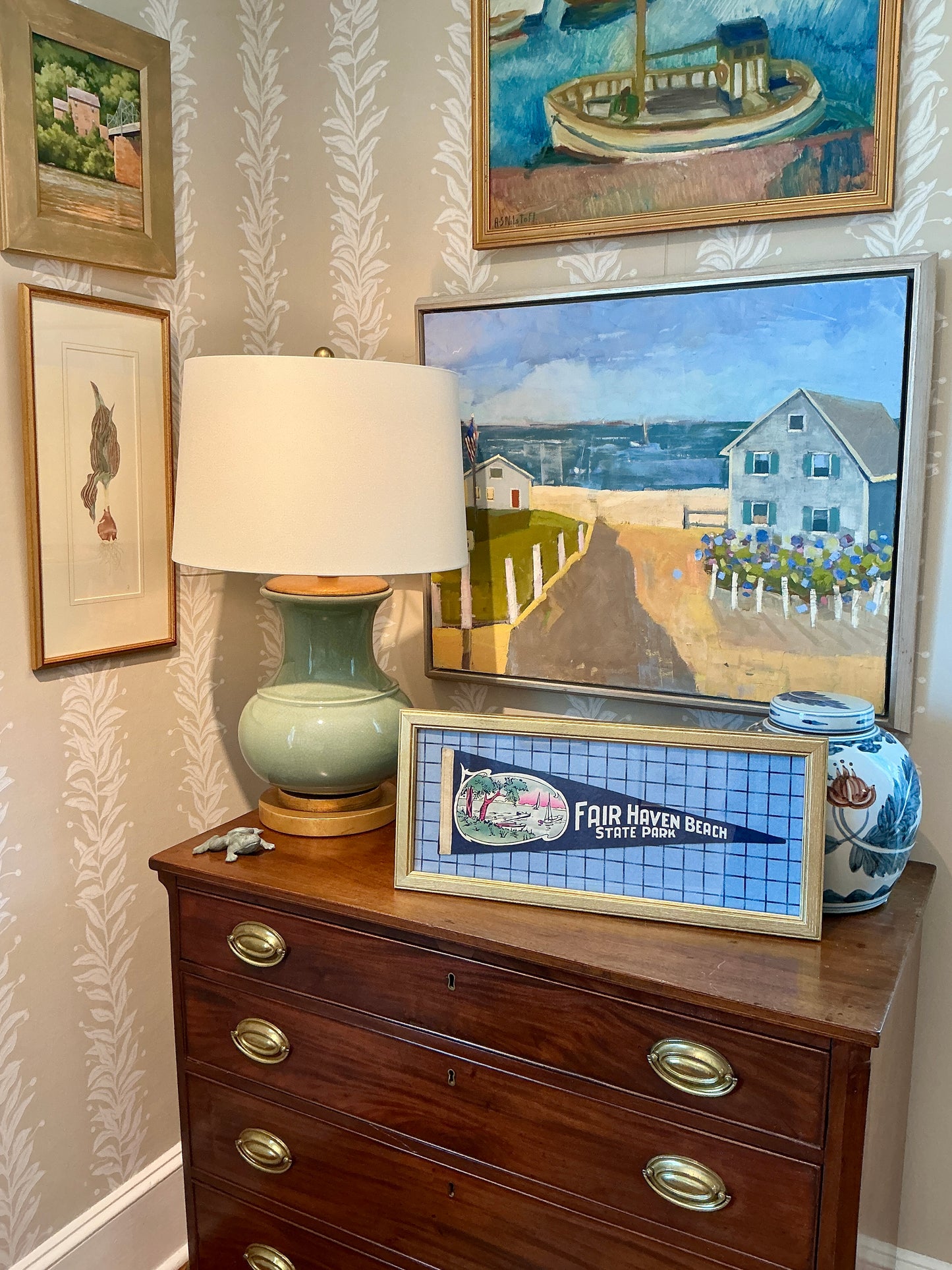 Vintage Fair Haven New Jersey Beach Pennant on Blue Windowpane in Gold Frame