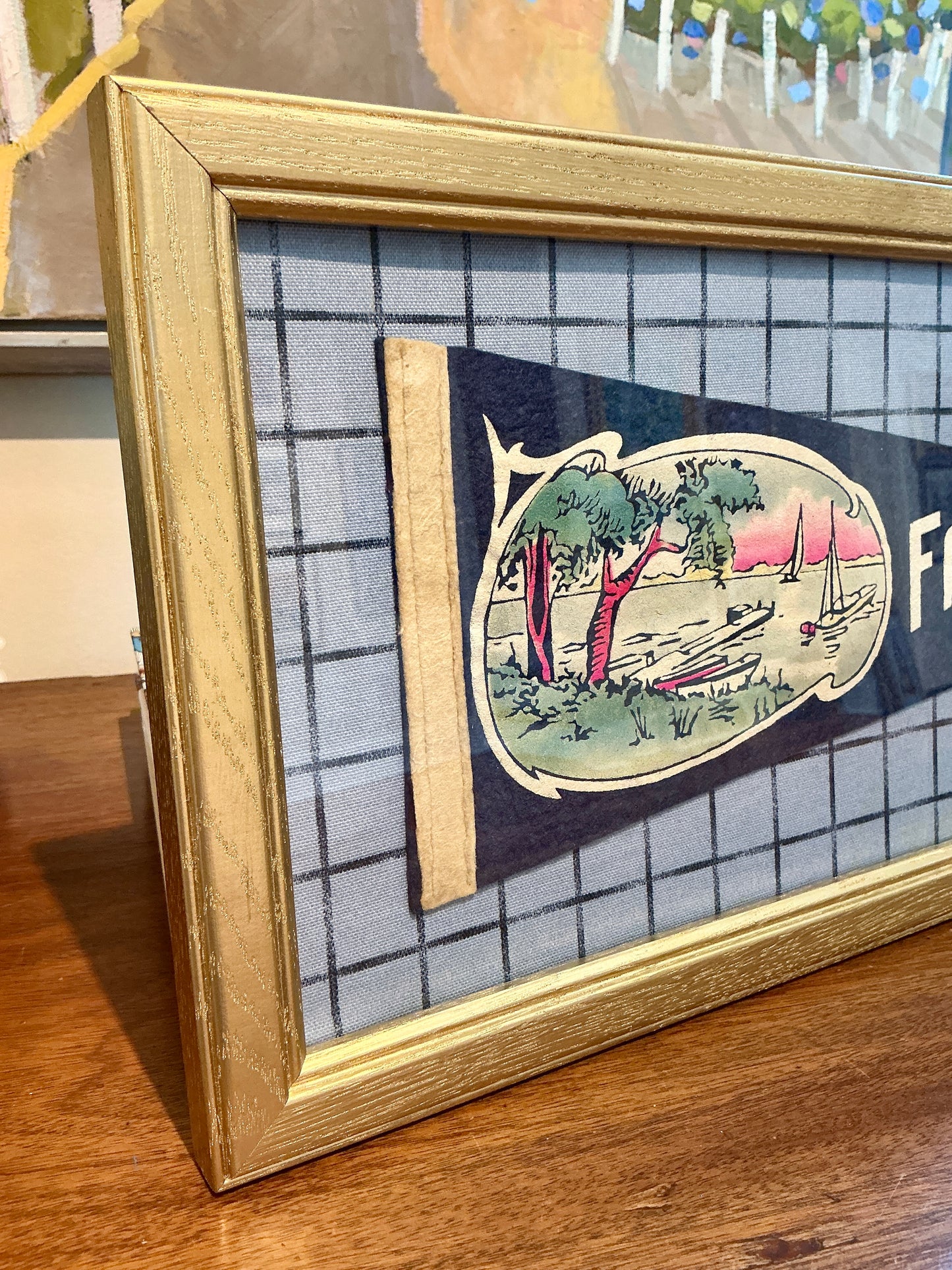Vintage Fair Haven New Jersey Beach Pennant on Blue Windowpane in Gold Frame