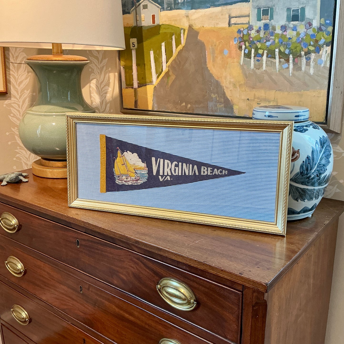 Vintage Virginia Beach Sailboat Pennant on Blue Ticking Stripes in Gold Frame