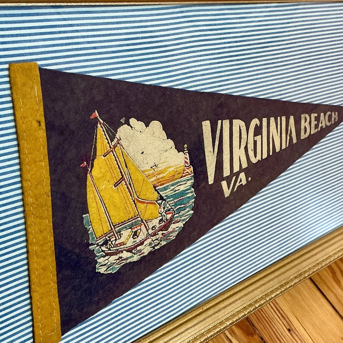 Vintage Virginia Beach Sailboat Pennant on Blue Ticking Stripes in Gold Frame