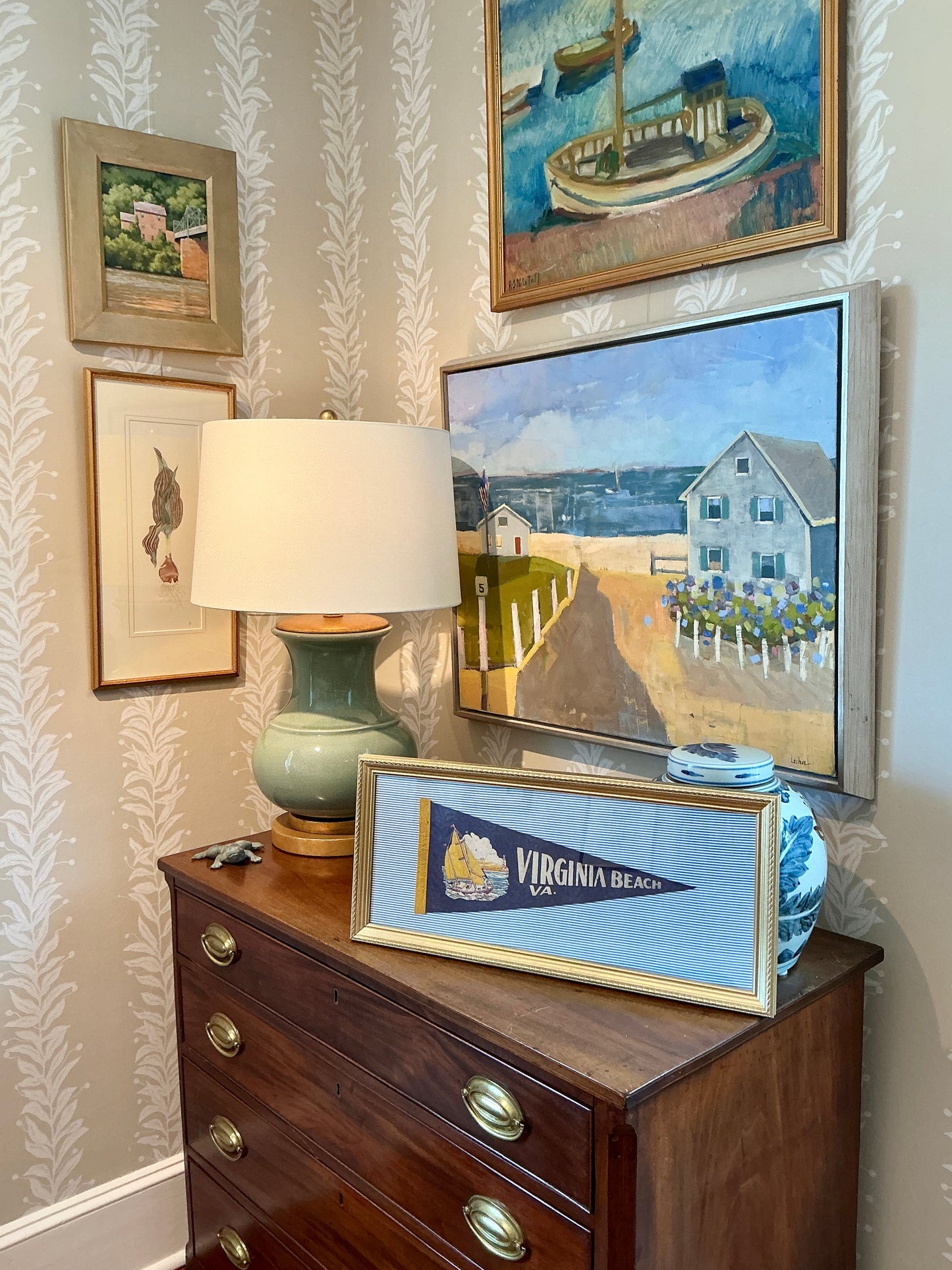 Vintage Virginia Beach Sailboat Pennant on Blue Ticking Stripes in Gold Frame