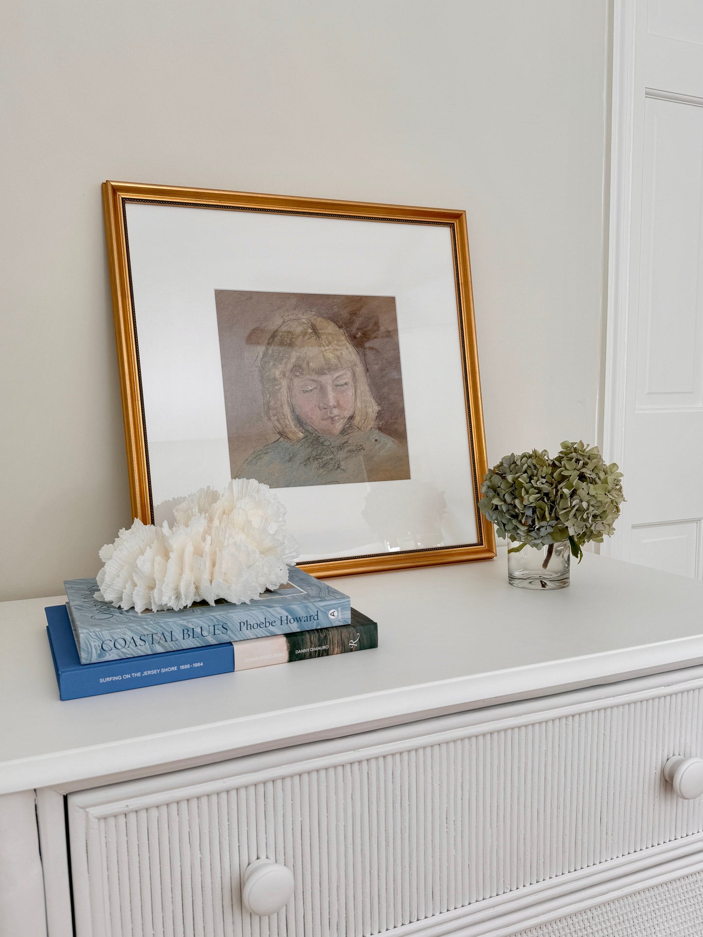 Vintage Portrait of Blonde Girl with Bob Pastel in Gold Beaded Frame