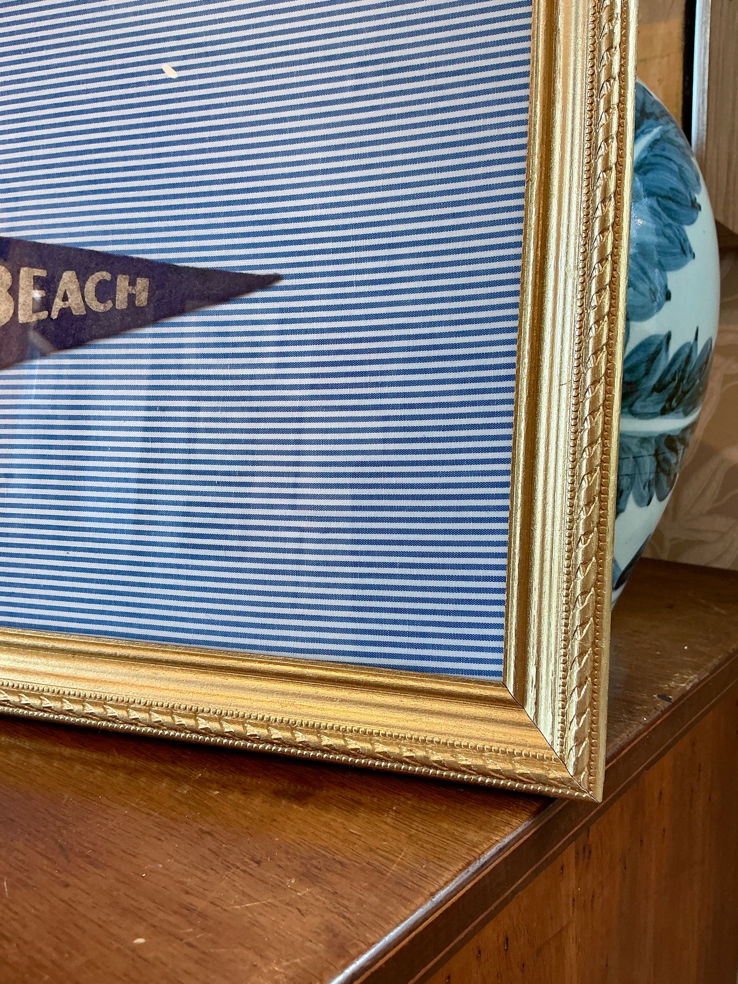 Vintage Virginia Beach Sailboat Pennant on Blue Ticking Stripes in Gold Frame