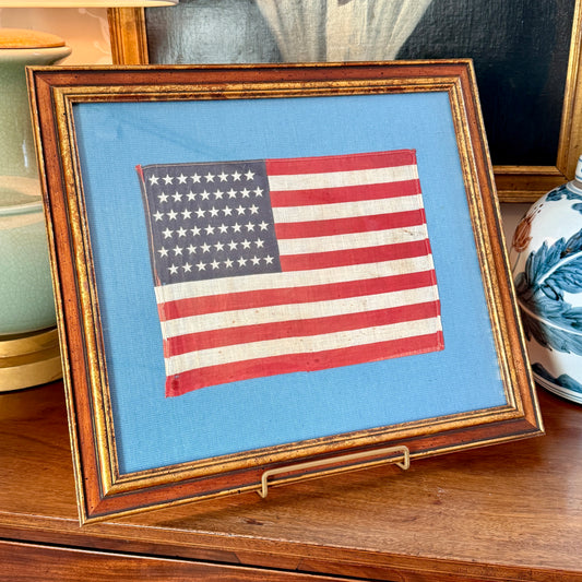 VIntage Staggered 48 Star American Flag on Blue Linen in Wood and Gold Frame