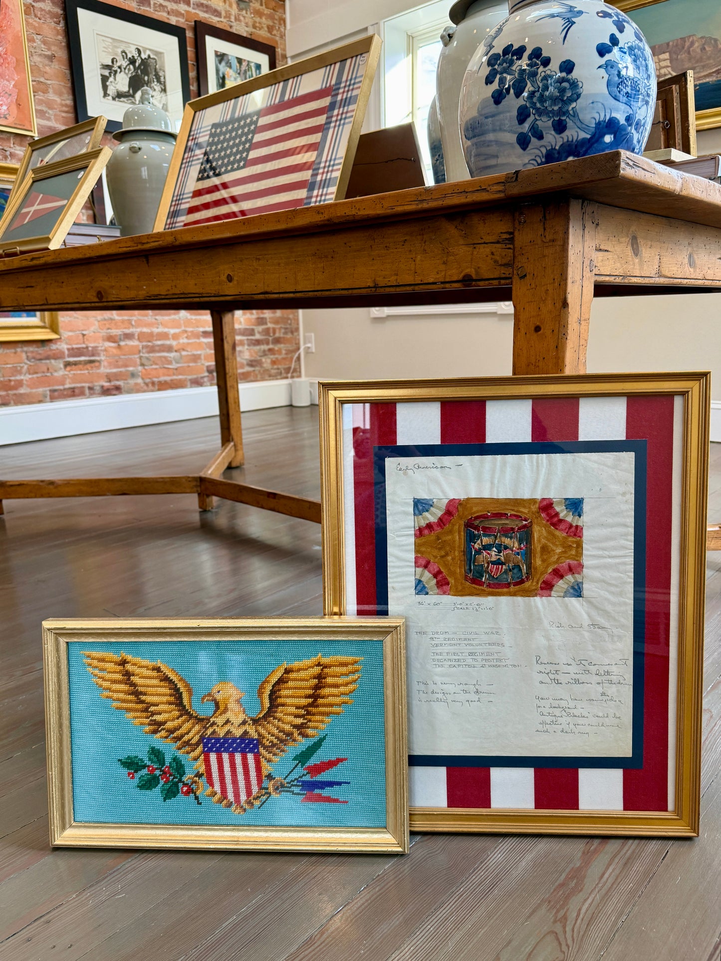 American Bald Eagle United States Seal Needlepoint in Vintage Gold Frame