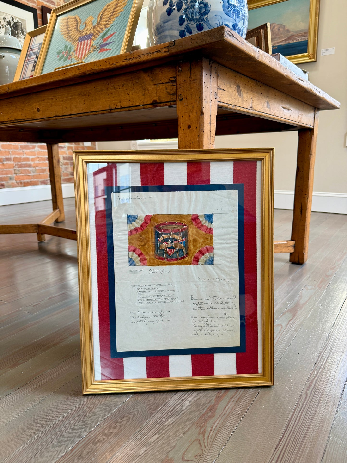 George Wells American Eagle United States Civil War Drum and Bunting Watercolor Rug Study in Gold Frame