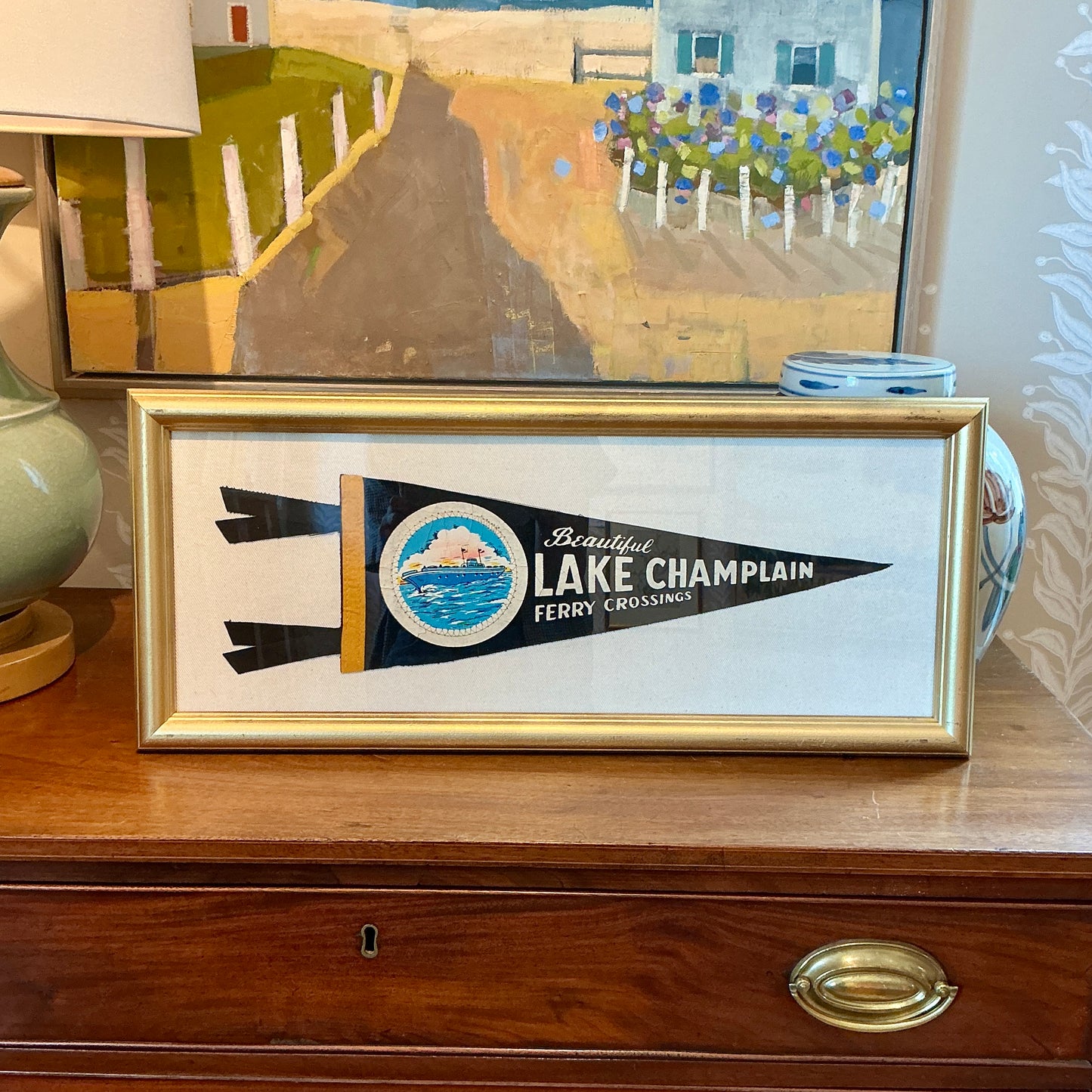 Vintage Lake Champlain Ferry Boat Felt Pennant on Ivory Duck Cloth in Gold Frame