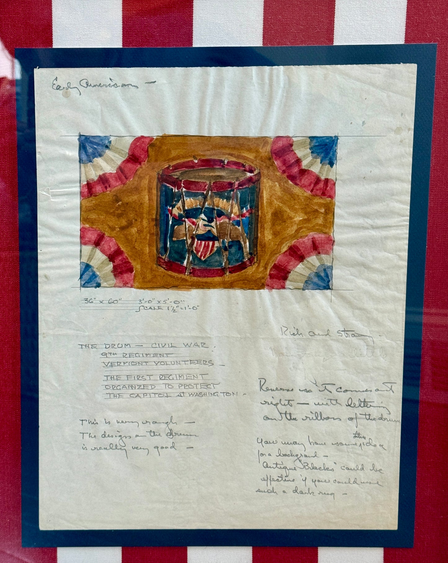 George Wells American Eagle United States Civil War Drum and Bunting Watercolor Rug Study in Gold Frame
